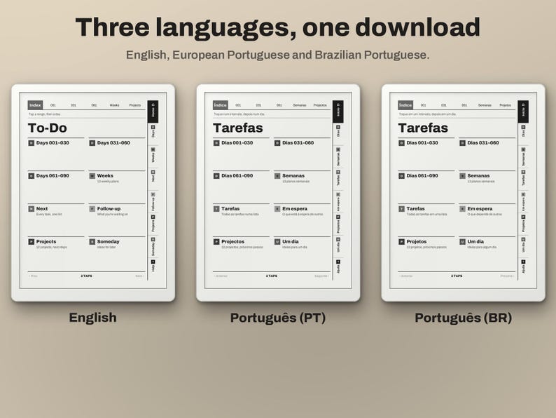 May include: Three digital planner templates displayed on white screens, featuring black text and navigation tabs. The layouts include sections for To-Do lists, projects, and weekly tracking, available in English, European Portuguese, and Brazilian Portuguese.