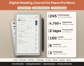 reMarkable Paper Pro Move Lesetagebuch | Hyperlink-Buch-Tracker, 100 Bücher | Rezensionen