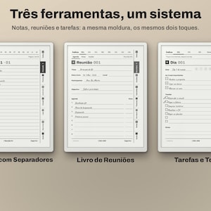Puede incluir: Tres plantillas de planificador digital mostradas una al lado de la otra sobre un fondo claro. El texto dice Tr&ecirc;s ferramentas, um sistema, Notas, reuni&otilde;es e tarefas: a mesma moldura, os mesmos dois toques, Caderno com Separadores, Livro de Reuni&otilde;es, Tarefas e To-Do.