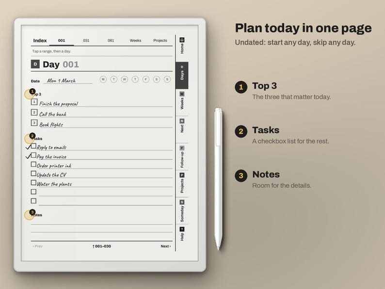 Puede incluir: Una tableta digital que muestra una interfaz de planificador diario con un l&aacute;piz &oacute;ptico blanco al lado. La pantalla muestra una lista de tareas con casillas de verificaci&oacute;n, secciones etiquetadas como Top 3, Tasks y Notes, y pesta&ntilde;as de navegaci&oacute;n a la derecha. El texto incluye Plan today in one page, Undated: start any day, skip any day.