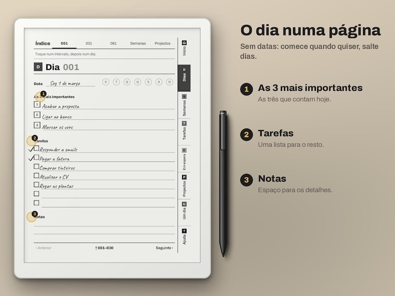 May include: A digital tablet displaying a daily planner interface with a task list, checkboxes, and numbered sections. Beside the tablet lies a black stylus. The screen shows text in Portuguese including O dia numa p&aacute;gina, As 3 mais importantes, Tarefas, and Notas, organised with navigation tabs on the right side.