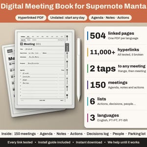 May include: A digital meeting book for Supernote Manta featuring a hyperlinked PDF with 504 linked pages, 11,000+ hyperlinks, 150 meetings, 6 lists, and 3 languages. The interface includes an agenda, notes, and actions section with a stylus.