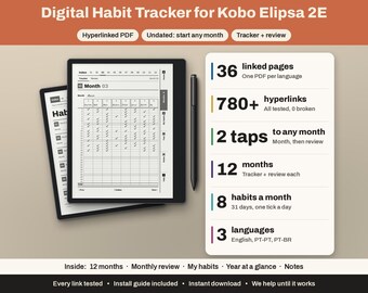 Kobo Elipsa 2E Gewohnheitstracker | Hyperlinks, undatiert | Monatlich, 8 Gewohnheiten, Rezension