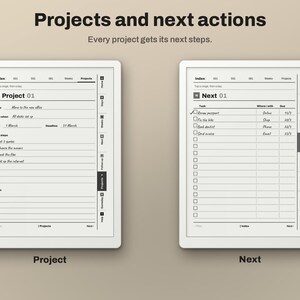 May include: Two digital planner pages displayed side-by-side on a light background. The left page is titled Project 01 with fields for name, dates, and a checklist. The right page is titled Next 01 with a task list, location, and due date columns.