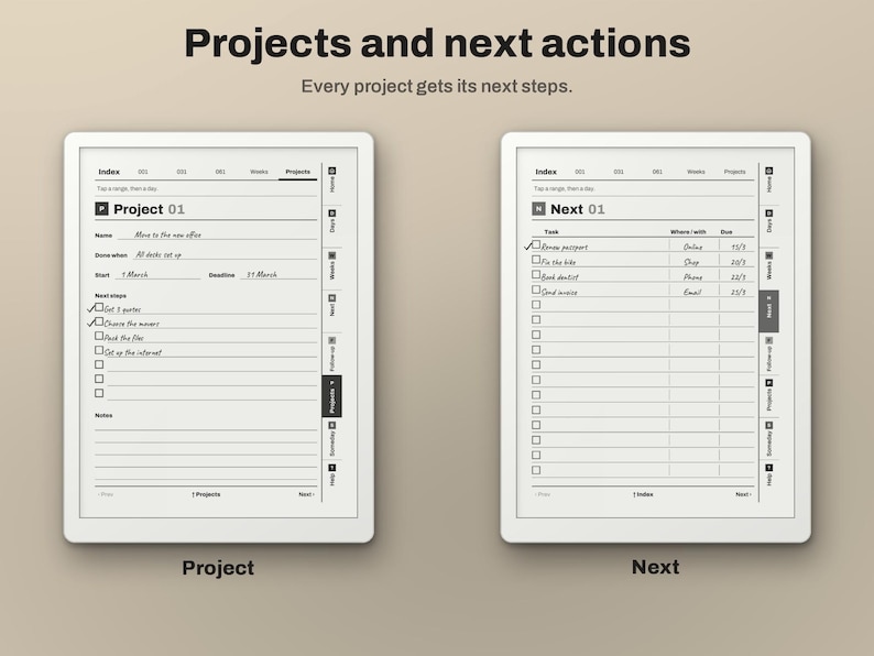 May include: Two digital planner pages displayed side-by-side on a light background. The left page is titled Project 01 with fields for name, dates, and a checklist. The right page is titled Next 01 with a task list, location, and due date columns.