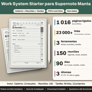 Puede incluir: Un sistema de planificaci&oacute;n digital para Supernote Manta con dos pantallas de tableta que muestran notas de reuniones y listas de tareas, un l&aacute;piz &oacute;ptico y una tarjeta blanca con 1016 p&aacute;ginas vinculadas, 23000+ enlaces, 3 herramientas, 150 reuniones, 90 d&iacute;as y 3 idiomas.