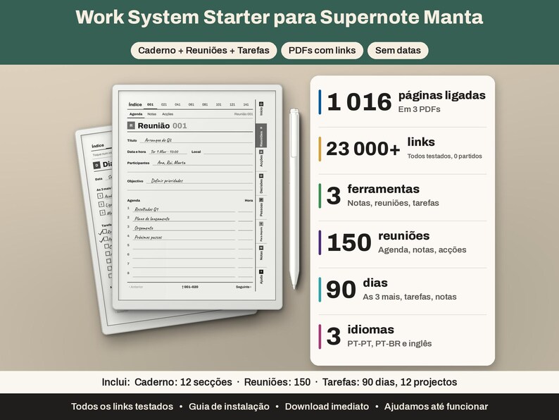 Puede incluir: Un sistema de planificaci&oacute;n digital para Supernote Manta con dos pantallas de tableta que muestran notas de reuniones y listas de tareas, un l&aacute;piz &oacute;ptico y una tarjeta blanca con 1016 p&aacute;ginas vinculadas, 23000+ enlaces, 3 herramientas, 150 reuniones, 90 d&iacute;as y 3 idiomas.