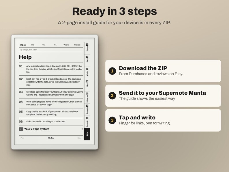 Puede incluir: Una interfaz de planificador digital mostrada en una pantalla de tableta con una gu&iacute;a de ayuda que presenta seis pasos numerados. A la derecha, tres cajas rectangulares blancas describen un proceso de 3 pasos: Descargar el ZIP, Enviar a su Supernote Manta, y Tocar y escribir.