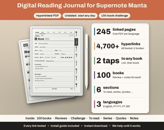 Supernote Manta Lesetagebuch | Hyperlink-Buch-Tracker, 100 Bücher | Rezensionen, Leseliste, Zitate