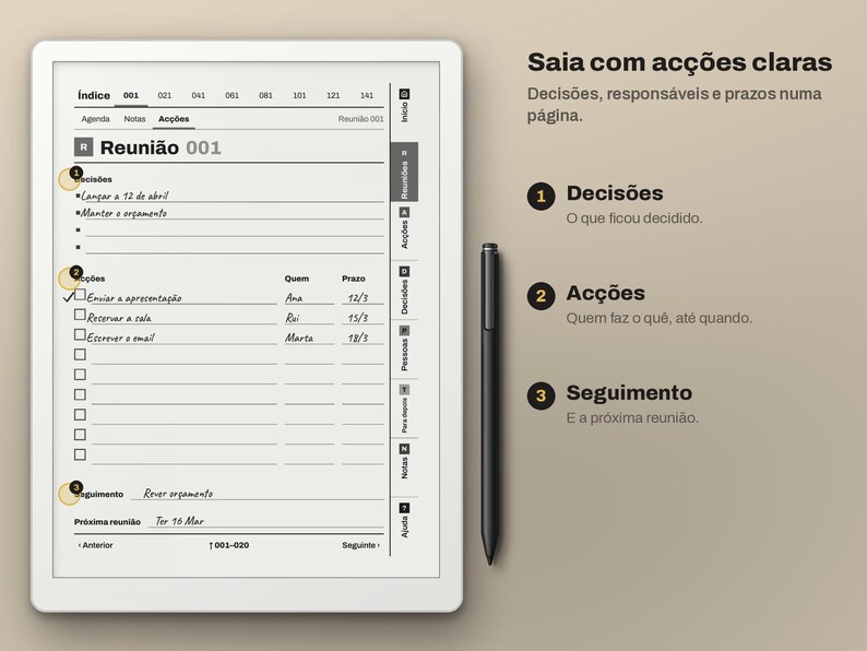 May include: A white digital tablet displaying a meeting notes template with sections for decisions, actions, and follow-up, accompanied by a black stylus. The screen shows text in Portuguese including 'Reuni&atilde;o 001' and 'Saia com ac&ccedil;&otilde;es claras'.