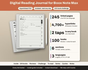 Boox Note Max Lesetagebuch | Hyperlink-Buch-Tracker, 100 Bücher | Rezensionen, Leseliste