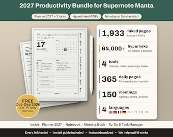 Può includere: Un pacchetto di produttività 2027 per Supernote Manta con un'agenda digitale dotata di PDF ipertestuali, uno stilo e una scheda riassuntiva che elenca 1.933 pagine collegate, 64.000+ collegamenti ipertestuali, 4 strumenti, 365 pagine giornaliere, 150 riunioni e 4 lingue.