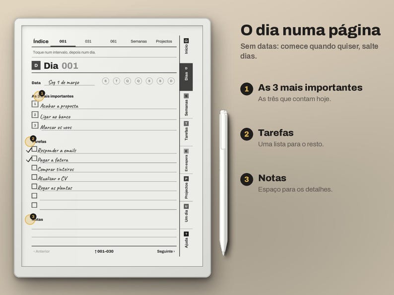 Puede incluir: Una interfaz de planificador digital mostrada en la pantalla de una tableta con un l&aacute;piz &oacute;ptico blanco al lado. La pantalla muestra una lista de tareas diarias con secciones para prioridades, tareas y notas, incluyendo el texto O dia numa p&aacute;gina.