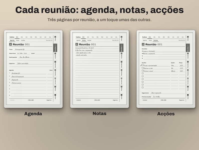Puede incluir: Tres p&aacute;ginas de planificador de reuniones digital mostradas lado a lado, etiquetadas como Agenda, Notas y Ac&ccedil;&otilde;es. Cada p&aacute;gina presenta un encabezado con Reuni&atilde;o 001, pesta&ntilde;as de navegaci&oacute;n y campos estructurados para detalles, notas y acciones.