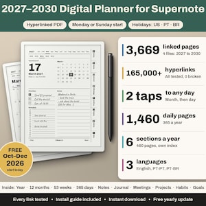Può includere: Un'agenda digitale 2027-2030 per Supernote con PDF ipertestuale e opzione di inizio lunedì o domenica. Include 3.669 pagine collegate, 165.000+ collegamenti ipertestuali, 1.460 pagine giornaliere e 6 sezioni all'anno in inglese, PT-PT e PT-BR.