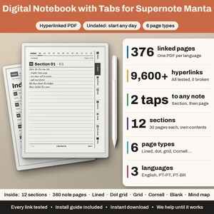 Pode incluir: Um caderno digital para Supernote Manta com PDF hiperligado, 376 páginas, mais de 9.600 hiperligações, 12 secções e 6 tipos de página: pautado, pontilhado, grelha, Cornell, em branco e mapa mental. Inclui uma caneta e 3 idiomas.