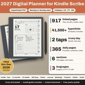 以下が含まれることがあります： Kindle Scribe用2027年デジタルプランナー。ハイパーリンク付きPDFで、月曜または日曜始まりを選択可能。画面には優先事項やメモを含む日次カレンダーが表示されています。917ページのリンク、41,500以上のハイパーリンク、365の日次ページ、6つのセクション、3つの言語が含まれています。デバイスの横にスタイラスペンが配置されています。
