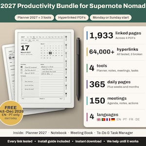 以下が含まれることがあります： Supernote Nomad用2027年生産性バンドル。ハイパーリンク付きPDFデジタルプランナー、スタイラスペン、および1,933のリンクページ、64,000以上のハイパーリンク、4つのツール、365のデイリーページ、150の会議リストが記載された概要カードが含まれています。