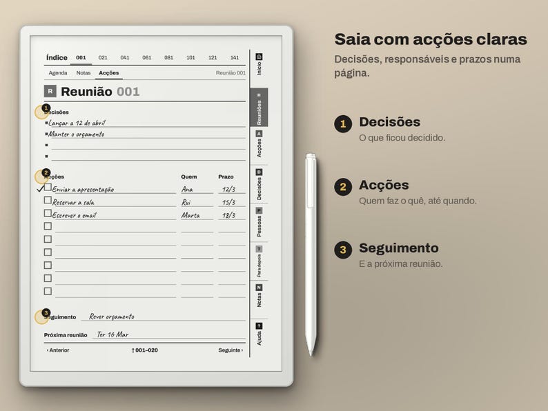 Puede incluir: Una tableta digital que muestra una plantilla de notas de reuni&oacute;n con el texto Reuni&atilde;o 001, Decis&otilde;es, Ac&ccedil;&otilde;es y Seguimento. La pantalla tiene un fondo blanco con texto negro, casillas de verificaci&oacute;n y l&iacute;neas. Un l&aacute;piz &oacute;ptico blanco est&aacute; a la derecha.