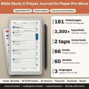 May include: A digital Bible Study and Prayer Journal for Paper Pro Move, featuring a hyperlinked PDF with the SOAP method. The interface displays 181 linked pages, 3,300+ hyperlinks, 66 books, 60 studies, and 3 languages, accompanied by a black stylus.