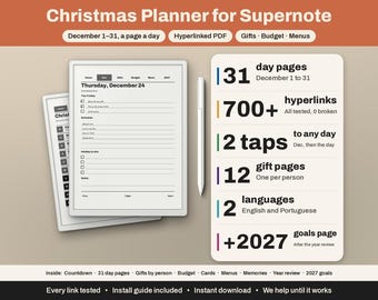 Può includere: Un planner natalizio digitale per Supernote con PDF ipertestuale, 31 pagine giornaliere, oltre 700 link, 12 pagine per i regali e 2 lingue. L'interfaccia mostra un programma giornaliero per il 24 dicembre e una penna stilo bianca.