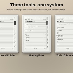 Puede incluir: Tres plantillas de planificador digital tituladas Three tools, one system. La primera es un cuaderno con pesta&ntilde;as, la segunda un libro de reuniones y la tercera un gestor de tareas. Cada plantilla presenta un fondo blanco con texto, l&iacute;neas y pesta&ntilde;as de navegaci&oacute;n en negro para organizar notas, reuniones y tareas diarias.