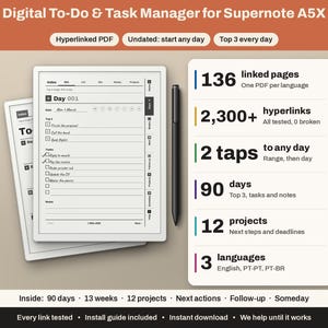 Peut inclure: Un gestionnaire de tâches et de listes numériques pour Supernote A5X, comprenant un PDF hyperlié avec 136 pages, 2 300+ hyperliens, 90 jours de planification, 12 projets et 3 langues. Inclut un stylet noir et une interface de liste de tâches.