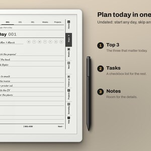 May include: A digital tablet displaying a daily planner template with sections for Top 3, Tasks, and Notes. The screen shows text including Plan today in one page, Day 001, and a checklist. A black stylus is positioned vertically next to the tablet.