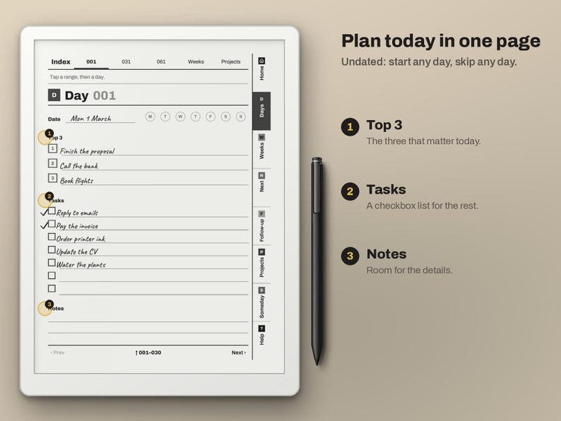 May include: A digital tablet displaying a daily planner template with sections for Top 3, Tasks, and Notes. The screen shows text including Plan today in one page, Day 001, and a checklist. A black stylus is positioned vertically next to the tablet.