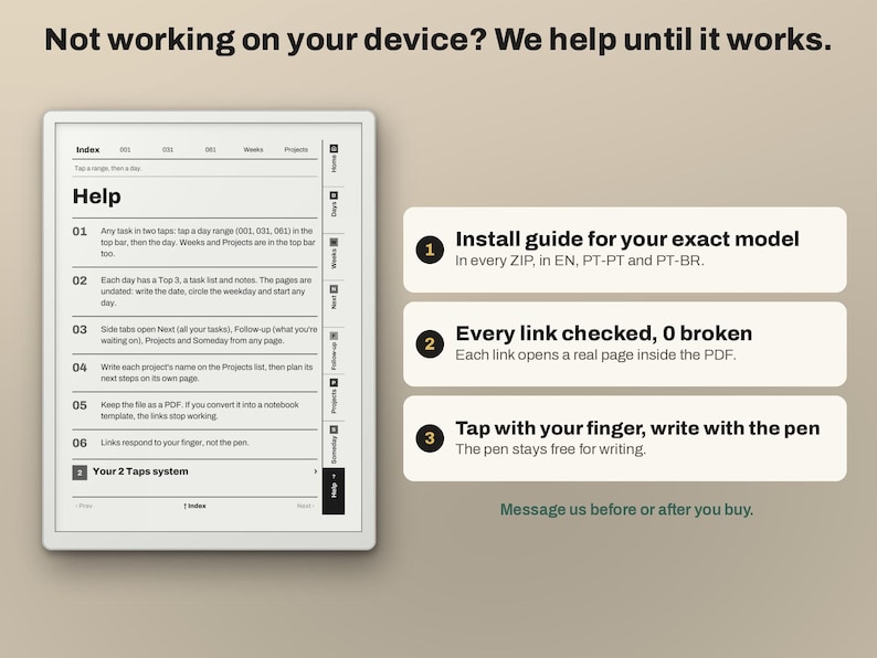 Puede incluir: Una interfaz de planificador digital en una pantalla con el texto Not working on your device? We help until it works. La pantalla muestra un men&uacute; de ayuda con instrucciones numeradas y una barra lateral. Tres cajas blancas explican gu&iacute;as de instalaci&oacute;n, enlaces y uso del l&aacute;piz. Una l&iacute;nea de texto verde dice Message us before or after you buy.
