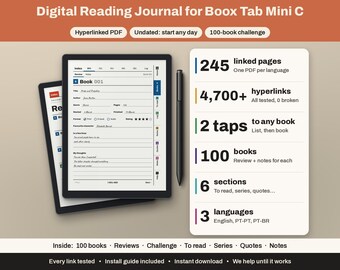 Boox Tab Mini C Lesetagebuch | Hyperlink-Buch-Tracker, 100 Bücher | Rezensionen