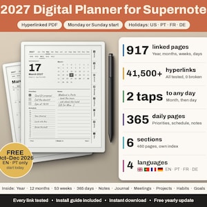 May include: A 2027 digital planner for Supernote featuring a hyperlinked PDF with Monday or Sunday start options. Includes 917 linked pages, 41,500+ hyperlinks, 365 daily pages, 6 sections, and 4 languages. A black stylus is shown next to the tablet.