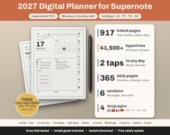 Può includere: Un'agenda digitale 2027 per Supernote con PDF ipertestuale e opzione di inizio lunedì o domenica. Include 917 pagine collegate, oltre 41.500 collegamenti, 365 pagine giornaliere, 6 sezioni e 4 lingue. Uno stilo nero è accanto al tablet.