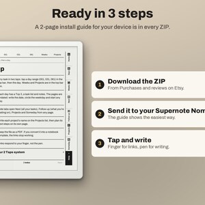 May include: A digital tablet screen displaying a help guide with a 2-taps system, alongside three numbered steps: 1. Download the ZIP, 2. Send it to your Supernote Nomad, 3. Tap and write. The text explains navigation for a digital planner interface.