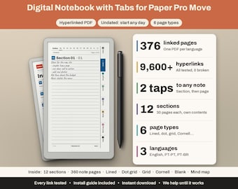 Può includere: Un taccuino digitale per Paper Pro Move con stilo nero, dotato di 376 pagine collegate, oltre 9.600 collegamenti ipertestuali, 12 sezioni e 6 tipi di pagina tra cui a righe, puntinato, a griglia e Cornell. L'interfaccia mostra indice e schede colorate.