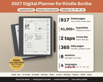 Può includere: Un'agenda digitale 2027 per Kindle Scribe con PDF ipertestuale, con inizio lunedì o domenica. Include 917 pagine collegate, oltre 41.500 collegamenti ipertestuali, 365 pagine giornaliere, 6 sezioni e supporta 4 lingue: EN, PT, FR, DE.