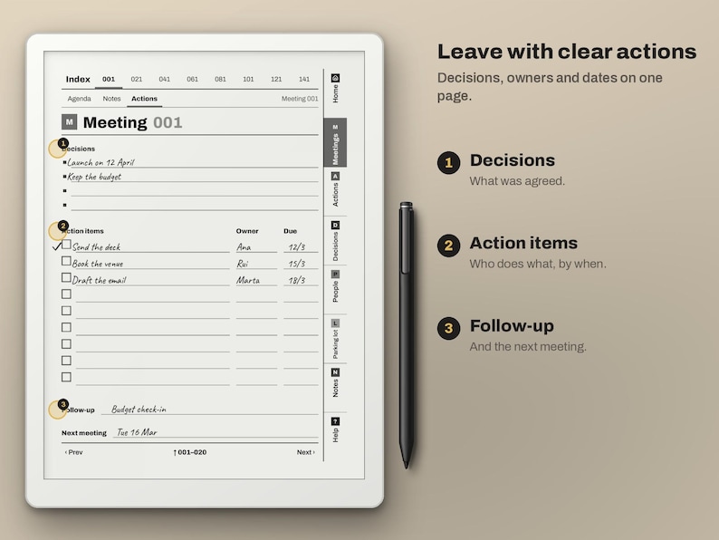 May include: A white digital tablet displaying a meeting action plan template with handwritten text, alongside a black stylus. The screen shows sections for decisions, action items, and follow-up, with text labels explaining the layout and clear actions.