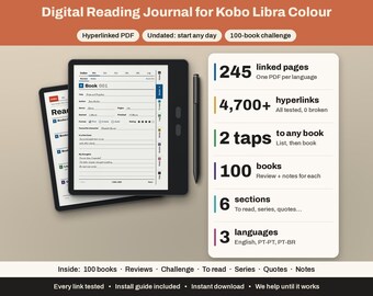 Kobo Libra Farblesetagebuch | Hyperlink-Buch-Tracker, 100 Bücher | Rezensionen, Leseliste