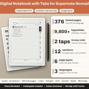 May include: A digital notebook for Supernote Nomad with a black stylus. The screen displays a lined page with an index and tabs. A white information panel lists 376 linked pages, 9,600+ hyperlinks, 2 taps to any note, 12 sections, 6 page types, and 3 languages.
