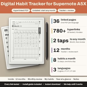 Può includere: Tracker digitale delle abitudini per Supernote A5X con PDF ipertestuale, 36 pagine, 780+ collegamenti, 12 mesi, 8 abitudini al mese e 3 lingue. Include uno stilo e un layout di revisione mensile con segni di spunta per il monitoraggio.