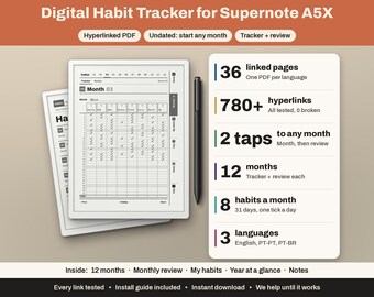 Supernote A5X Gewohnheitstracker | Hyperlinks, undatiert | Monatlich, 8 Gewohnheiten, Rezension