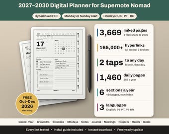 Puede incluir: Una agenda digital 2027-2030 para Supernote Nomad con lápiz óptico negro, PDF con hipervínculos y opciones de inicio. La pantalla muestra el calendario de marzo de 2027, con detalles sobre 3.669 páginas vinculadas, más de 165.000 hipervínculos, 1.460 páginas diarias y 6 secciones al año en inglés, PT-PT y PT-BR.