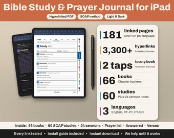 Può includere: Un diario digitale di studio biblico e preghiera per iPad con PDF ipertestuale, 181 pagine, oltre 3.300 collegamenti, 66 libri, 60 studi e 24 appunti di sermoni. L'interfaccia include il metodo SOAP, modalità chiara e scura, e supporta inglese, PT-PT e PT-BR.