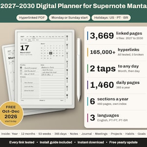Könnte beinhalten: Ein digitaler Planer 2027-2030 für Supernote Manta mit verlinktem PDF und wählbarem Wochenstart am Montag oder Sonntag. Er enthält 3.669 verlinkte Seiten, über 165.000 Hyperlinks, 1.460 Tagesseiten, 6 Abschnitte pro Jahr und 3 Sprachoptionen.