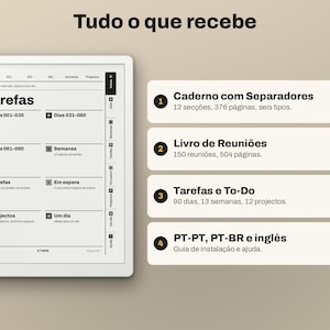 May include: A digital planner interface displayed on a screen, featuring a main index page titled Tarefas with navigation tabs. To the right, four numbered boxes list contents: Caderno com Separadores, Livro de Reuni&otilde;es, Tarefas e To-Do, and PT-PT, PT-BR e ingl&ecirc;s.