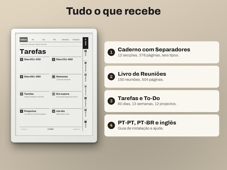 May include: A digital planner interface displayed on a screen, featuring a main index page titled Tarefas with navigation tabs. To the right, four numbered boxes list contents: Caderno com Separadores, Livro de Reuni&otilde;es, Tarefas e To-Do, and PT-PT, PT-BR e ingl&ecirc;s.
