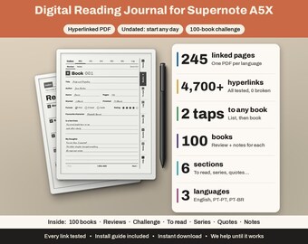 Supernote A5X Lesetagebuch | Hyperlink-Buch-Tracker, 100 Bücher | Rezensionen, Leseliste, Zitate