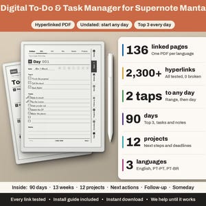 Może przedstawiać: Cyfrowy menedżer zadań dla Supernote Manta z hiperłączonym plikiem PDF zawierającym 136 stron, ponad 2300 hiperłączy, 90 dni planowania, 12 projektów i 3 języki. Interfejs zawiera codzienną listę zadań, notatki oraz rysik do obsługi urządzenia.