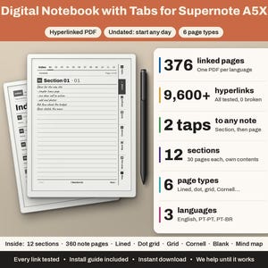Könnte beinhalten: Ein digitales Notizbuch für Supernote A5X mit verlinktem PDF, 12 Abschnitten, 376 verlinkten Seiten, 9.600+ Hyperlinks und 6 Seitentypen wie liniert, gepunktet, kariert und Cornell. Enthält einen schwarzen Stift und Text zu den Funktionen.