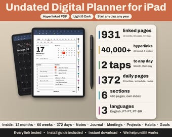 Può includere: Un'agenda digitale senza data per iPad con interfaccia chiara e scura, uno stilo e una scheda riassuntiva con 931 pagine collegate, 40.000+ collegamenti ipertestuali, 372 pagine giornaliere, 6 sezioni e 3 lingue. L'agenda mostra un calendario.
